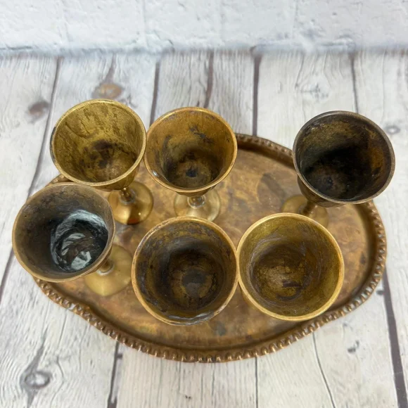 Vintage Brass Goblet Set with Tray - Picture 4 of 11